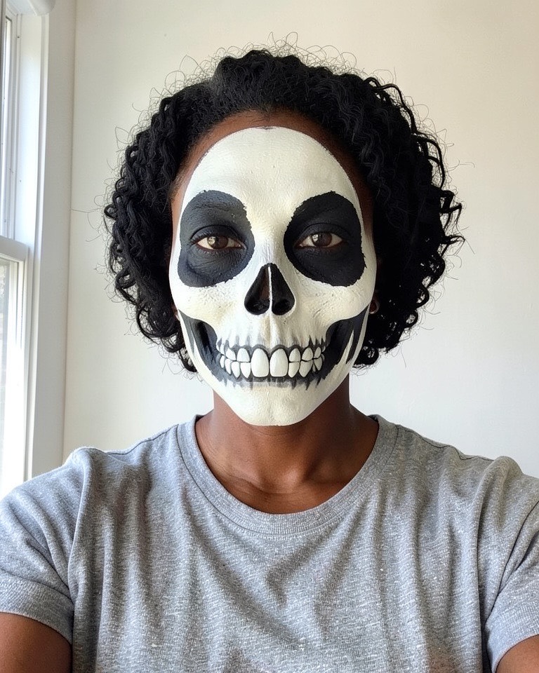 Woman with deep brown skin wearing white and black skeleton face paint with teeth painted across her lips
