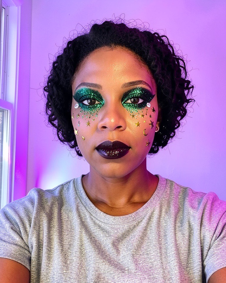 Woman with deep brown skin wearing emerald glitter eye makeup, small rhinestones and gold star shapes on her cheekbones