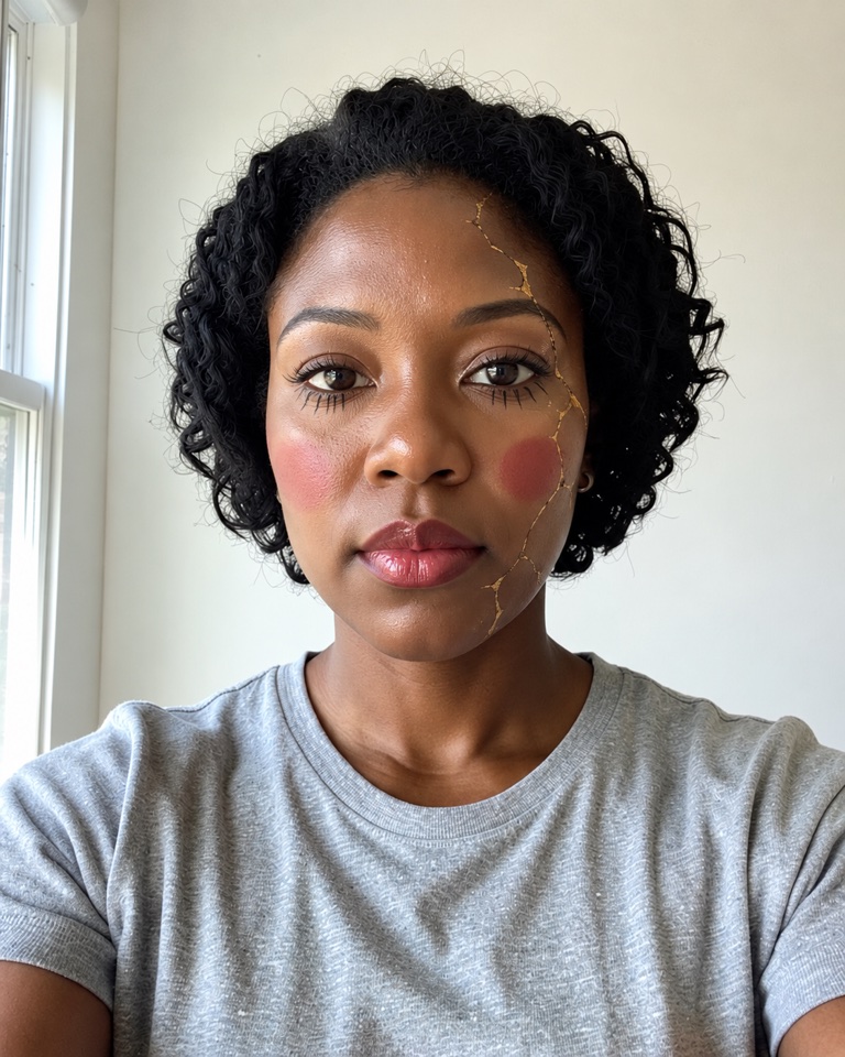 Woman with deep brown skin wearing porcelain doll makeup with rosy cheek circles, painted lashes and fine gold crack lines