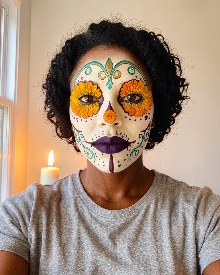 Woman with deep brown skin wearing floral face paint with orange marigolds around the eyes and a teal and gold forehead design