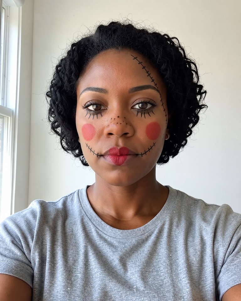 Woman with deep brown skin wearing rag doll makeup with drawn cross-stitches at the mouth, red round cheeks and dot freckles