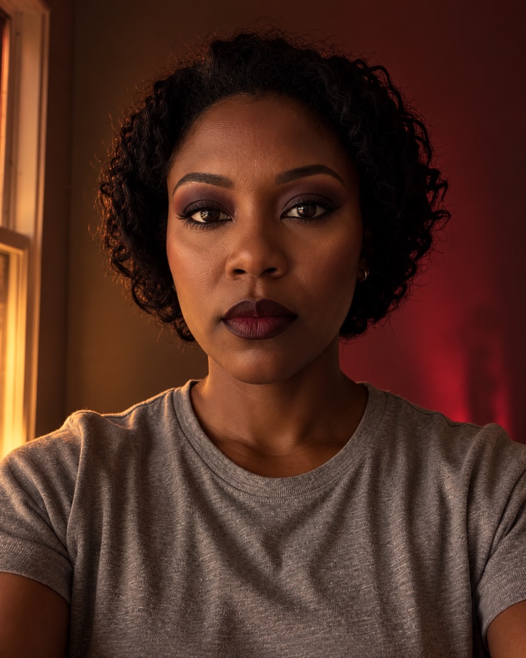 Woman with deep brown skin wearing vampire noir makeup with smoky aubergine eyes and dark oxblood lips in moody light